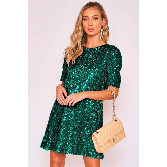 Hunter Green Sparkling Sequin Party Holiday Christmas Puff Shoulder Mini Dress - Picture 2 of 2